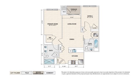 Floor plan for 2 beds, 2 baths, 967 sqft